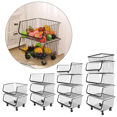 2/3/4/5 Tier Basket Rack Shelving Unit Metal Storage Organizer With Wheels Black • £29.95