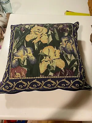 Vintage DECOR DE FRANCE 16” Throw Pillow Iris Floral Dark Blue Velvet Back • $17.99