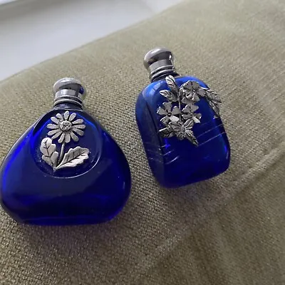 2 Cobalt Blue Silver Scenes Miniature Perfume Bottles With Silver Plate Flowers • $37.34