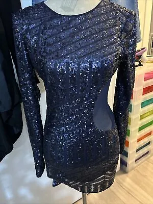 Misguided Navy Blue Sequins Dress Sheer Side Panel Long Sleeves Size 8 • £6.99