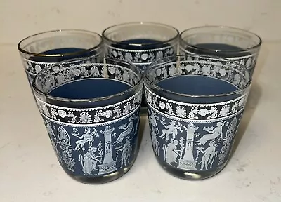 VTG MCM Jeanette Glass Corinthian Blue Wedgewood 8oz Tumblers Glasses Set 5 • $32