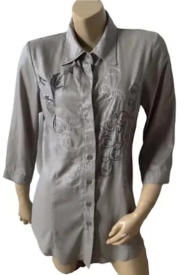 $18.89 • Buy SIMON CHANG Womens Size 10 Gray Embroidered 3/4 Sleeve Button Front Collar Shirt