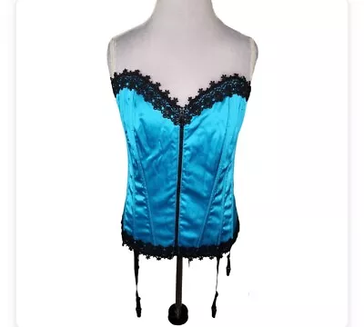 VTG Intimate Attitudes Blue Satin & Black Lace Zip & Tie Bustier & Thong Size 40 • $35