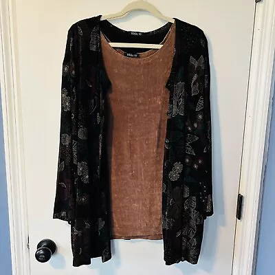 VTG Vikki Vi Black Floral Button Cardigan Set Tunic Blouse Matching Tank 3X • $20.95