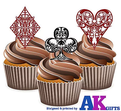 PRECUT Fancy Playing Cards Suits 12 Edible Cupcake Toppers Decorations Birthdays • £3.99