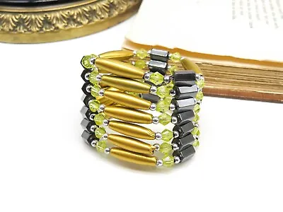 Golden Yellow Lemon Crystal Magnetic Hematite Bead Wrap Bracelet Or Choker JJ36 • $14.44