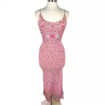 Vtg Bebe Spaghetti Strap Bodycon Dress Size S Pink Marled Fringed Scalloped Y2K • $44.99