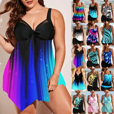 Plus Size Women Tankini Set Swim Shorts Swimsuit Skirted Dress Swimming Costume • £14.79