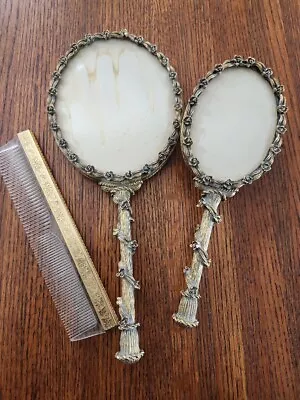 Vtg Hand Mirror Comb And Brush Set Antique Gold Rose Trim On Brush And Mirror • $25