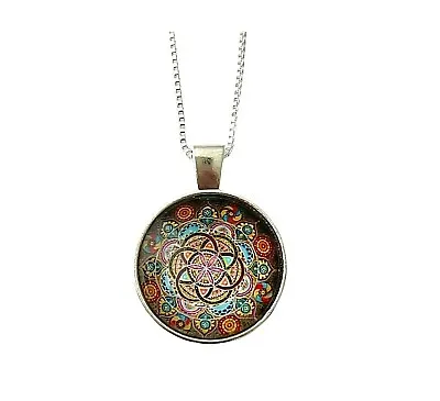 Brown Red Gold Mandala Domed Glass Cabochon 20  Sterling Silver Chain Necklace • $14.99