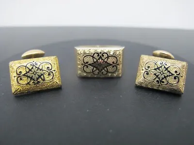 VICTORIAN Antique Black ENAMEL 14k Yellow Gold Rectangular RING & CUFFLINK Set • $725