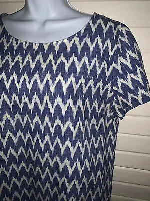 J CREW Sz MEDIUM Ikat Chevron Blue Stripe Blouse Linen Cotton S/S EUC • $10.39