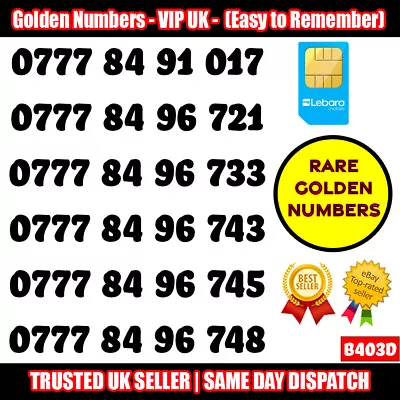 Golden Number VIP UK SIM Cards - Easy To Remember Mobile Numbers LOT - B403D • £8.95