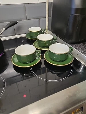 £30 • Buy Apilco Green Gold Coffee Cups French France Porcelain Set Of Four. 9.5cm Opening