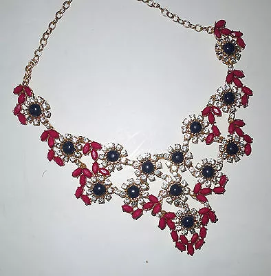 Meghan LA Fabulous Statement Bib Necklace Fuschia & Navy Enamel W/Crystals Gold • $19.99