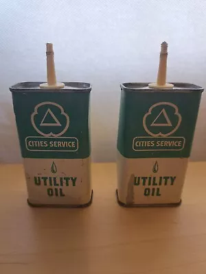 2(TWO) VINTAGE 50s 4 OZ CITIES SERVICE UTILITY OIL TIN CANS  EMPTY GREEN • $25