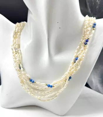 Vintage Multi Strand Pearl & Blue Gemstone Beaded Necklace 22  H01 • $0.99