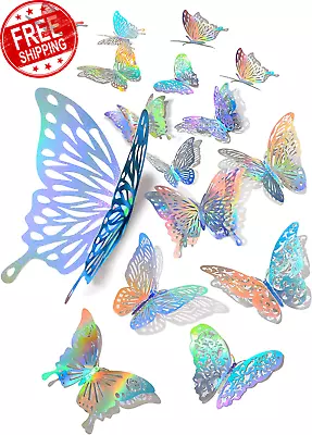 60 Pcs 3D Shiny Silver Butterfly Wall Stickers Decals Removable Holographic Sil • $12.19