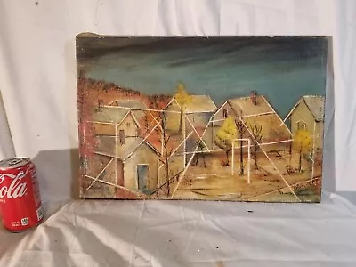 Vintage Oil On Canvas Cubist Houses Signed But Illegible • $30