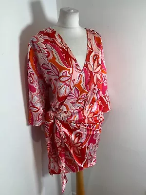 ZARA Pattern Print Fixed Wrap Dress XXL NEW Pink Satin Knee Length Drape BNNT • £30