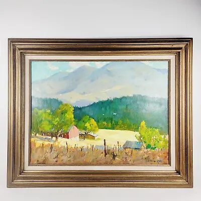 Vintage Landscape Oil Painting By Vernon Nye Red Barn Farm Field Forest Mountain • $1195