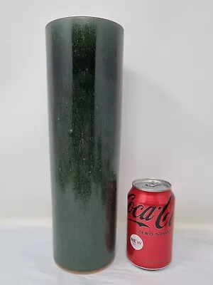 Tall 12.5  Japanese Cylinder Mid Century Green Glazed Stoneware Vase Monochrome  • £19.99