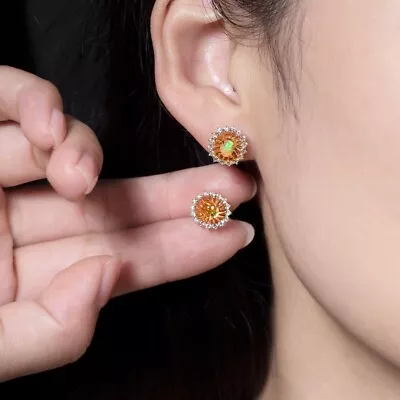 The Sunshine - Mexican Fire Opal Halo Diamond Stud Earrings 18k Yellow Gold • $1088.99