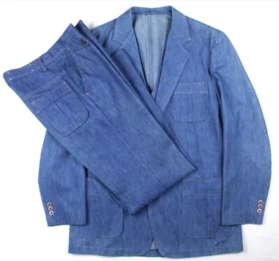 Vintage 70's 80's Denim 3pc Suit Jacket Flared Pants Vest Mens 42L - 34  • $109