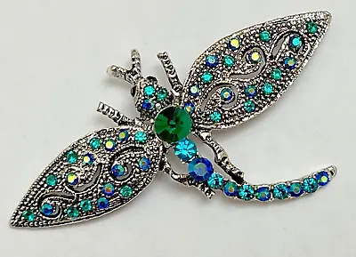 Vintage Dragonfly Insect Bug Brooch Pin Aqua Blue Green Crystal Glass Rhinestone • $14.93