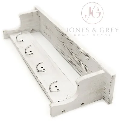 Vintage Distressed White Wooden Wall Coat Rack Shelf Rustic Cast Iron Hooks Pegs • £34.99