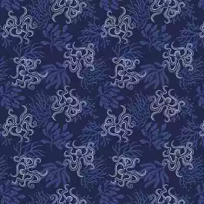 Moontide Octopus - Dark Blue With Silver Metallic - Lewis & Irene Cotton Fabric • $3.50