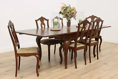 Country French Antique Oak Dining Set Table & 6 Chairs #48711 • $2750