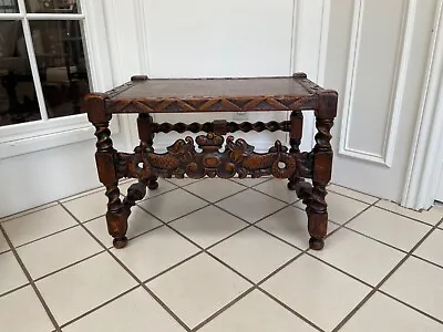 Antique English Highly Hand Carved Oak Barley Twist Bench Stool • $990