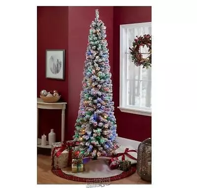 7' Flocked Artificial Pencil Tree Pre-Lit Multi Color Christmas Tree Lights • $119.95