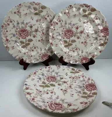 3 VINTAGE JOHNSON BROS 10  ROSE CHINTZ PORCELAIN PLATES- Pink Backstamp • $49.99