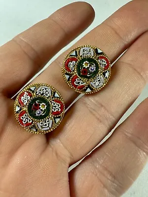 Vintage Earrings Mosaic Flower Round Tile Classic Italian Color Red White Green • $23.20