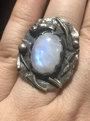 Sterling Silver Ring  Rainbow Moonstone Unique Handcrafted 25.6grams Size 7.75 • $124.99