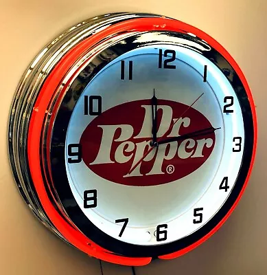 19  Dr Pepper Vintage Logo Sign Double Neon Red Neon Clock Mancave Bar Garage • $169.99