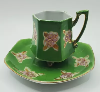 Made In Japan Miniature Three Footed Green An Gold Teacup And Saucer Vintage • $19.97