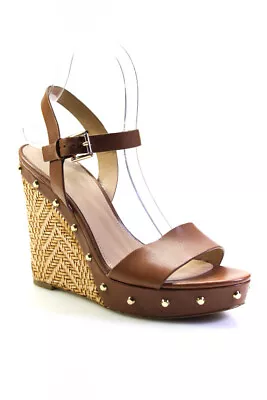 Michael Michael Kors Womens Studded Leather Straw Wedge Sandals Brown Size 7.5 • $42.69