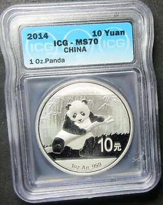 2014 China Chinese Panda 1 Ounce .999 Fine Silver Ten Yuan Coin Icg Ms 70 • $27