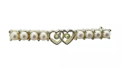 Vintage Sarah Coventry Waltz Time Goldtone Faux Pearl Heart Rhinestone Bar Pin • $8