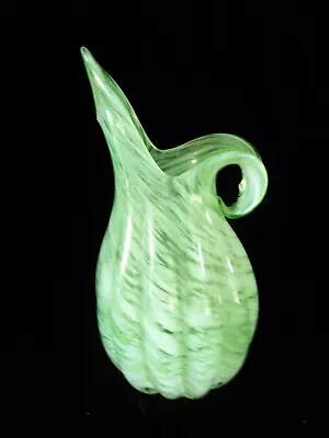 Vintage Small Green Swirl Splash Murano Pitcher Very Mod Hand Blown Glass Jug • $16