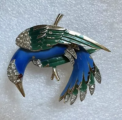 Vintage Trifari Bird Pin Blue & Green Enamel Paint And Rhinestones  • $125