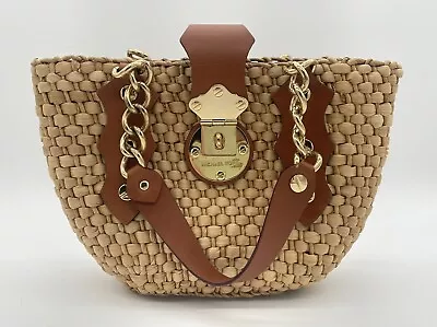 Michael Kors Santorini Raffia Straw Tote Brown Leather Shoulder Bag • $99