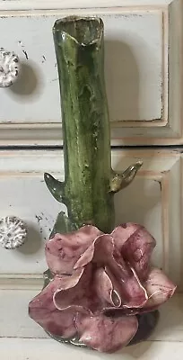 Vintage Ceramic Bud Vase Open Rose Green Stem Thorns Hand Painted 4.5” • $14.50