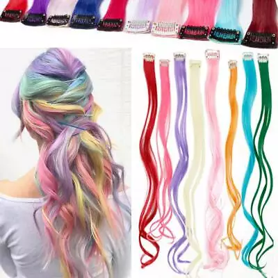 22  Colour Rainbow Clips In Highlight Streak Hair Extensions Straight Curly Wavy • £12.33