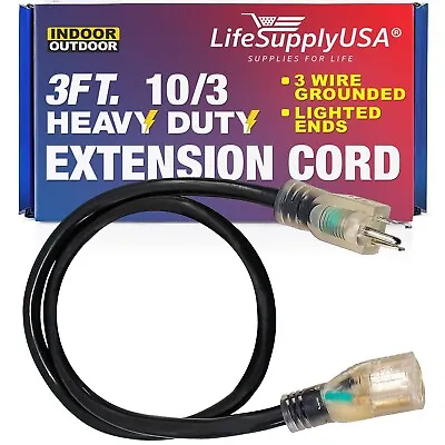 LifeSupplyUSA Power Extension Cord 10 Gauge/3 Prong 15 Amp 3 Ft Black • $15.59