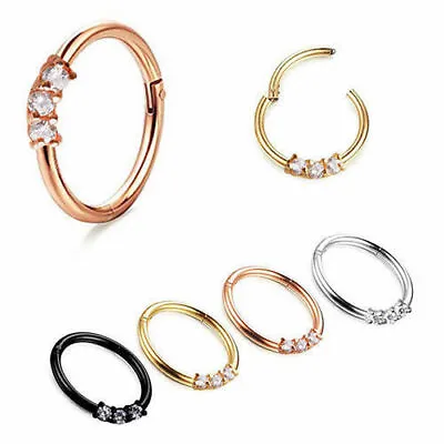 £2.99 • Buy Hinged Segment Ring With Triple CZ Gem Septum Clicker Nipple Nose Hoop Piercing