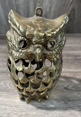 Vintage Brass Owl Garden Hanging Lantern Candle Holder Good Patina 1970s 6.5 In. • $59.95